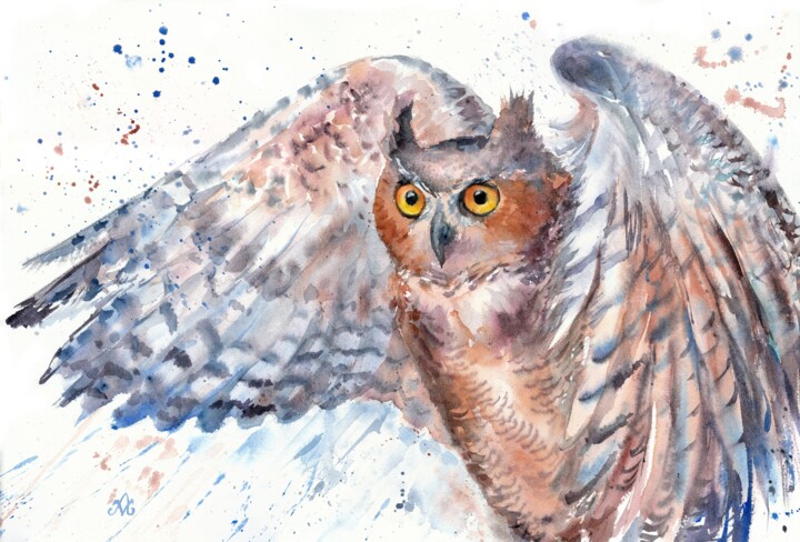 Owl with spread wings. 绘画, 15x22.1 in