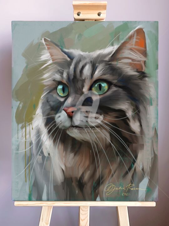 Schilderij getiteld "SIBERIAN CAT - home…" door Yulia Rossan, Origineel Kunstwerk, Acryl Gemonteerd op Frame voor houten bra…