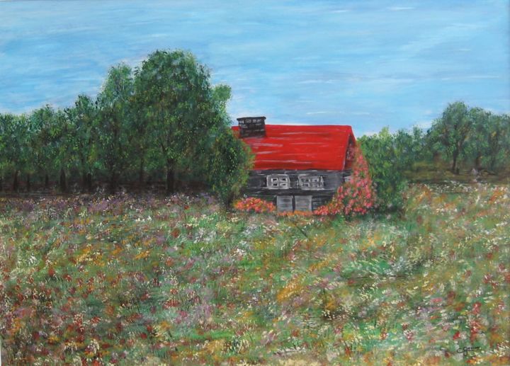 La grange au toit rouge 绘画, 22.1x30.9 in