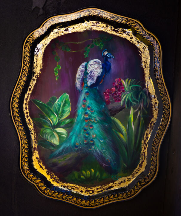 Tray in Zhostovo style Peacock. 绘画, 17.7x13.8 in