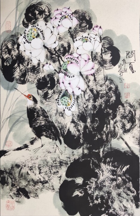 Painting titled "Summar in the lotus…" by Dayou Lu, Original Artwork, Pigments
