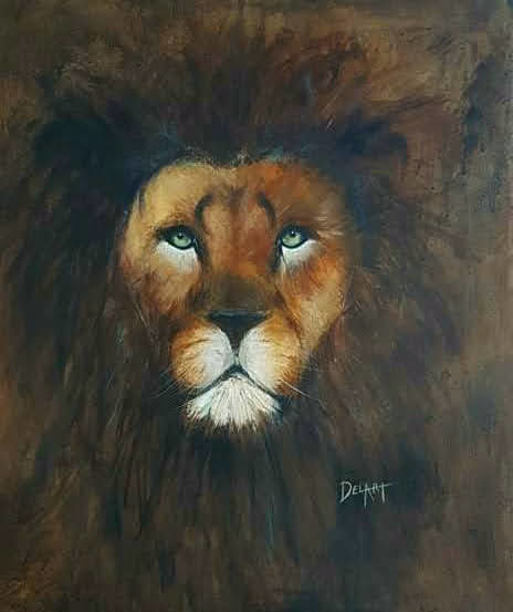 Painting titled "Le lion aux yeux ve…" by Valérie Delbeck Del'Art, Original Artwork, Acrylic