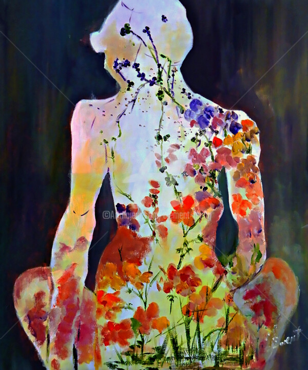 Flower Painting at Her Back 绘画, 24x20 in
