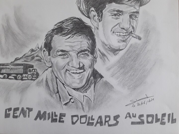 Dessin du film 100 000 dollars au soleil avec JP Belmondo et 图画, 11.7x16.5 in