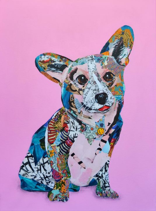 Collages intitulée "Corgi" par Olga Sennikova, Œuvre d'art originale, Collages Monté sur Châssis en bois
