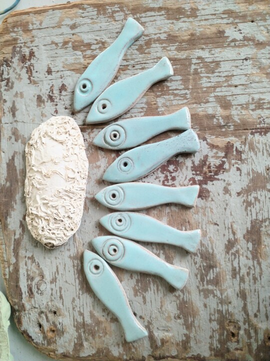 Ensemble de 8 sardines bleu clair 雕塑, 3.2x0.9 in