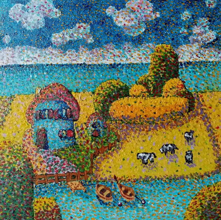 Painting titled "Mon ile . Art conte…" by Bertrand Jost, Original Artwork, Acrylic Mounted on Cardboard