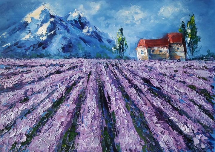 Lavender in Provence impasto original oil painting 绘画, 11.4x16.1 in
