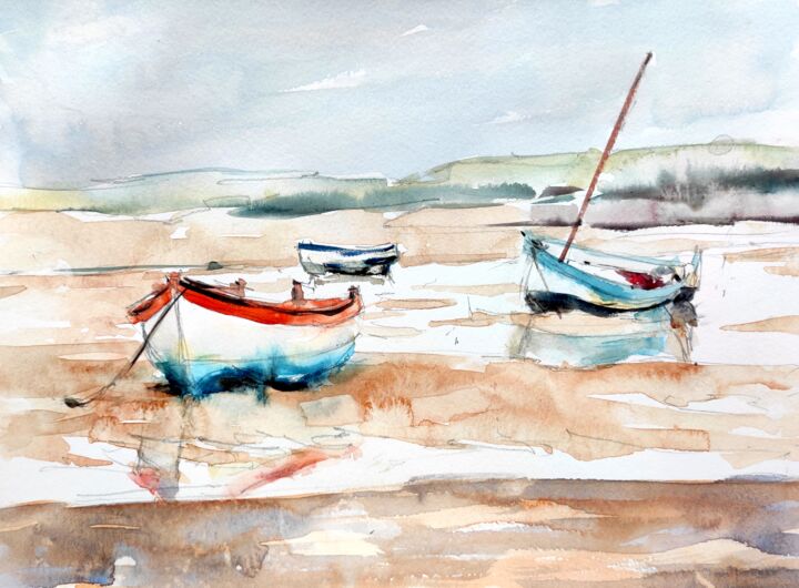Schilderij getiteld "Boats at low tide a…" door Ibolya Taligas, Origineel Kunstwerk, Aquarel
