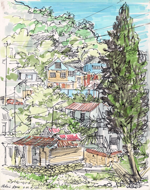 Wall Decor Achitectural landscape in frame. Drawing, 12.6x9.8 in