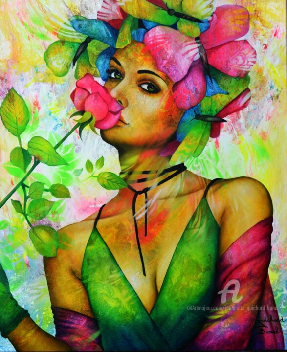 Peinture intitulée "dans un parfum d'ém…" par Jeannette Guichard-Bunel, Œuvre d'art originale, Huile Monté sur Châssis en bo…