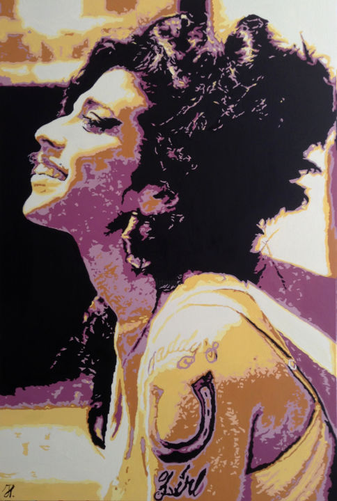 Painting titled "Amy W. Pop art" by Hans Veltman, Original Artwork, Oil Mounted on Wood Stretcher frame