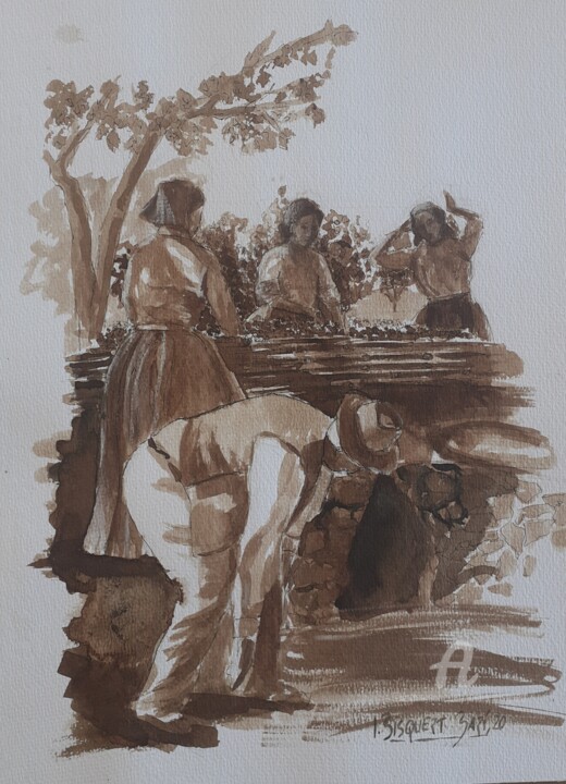 La mujeres y la " escaldà" 绘画, 18.1x13.4 in
