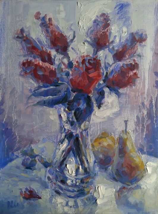 Roses and Pears by the window 绘画, 16x12 in