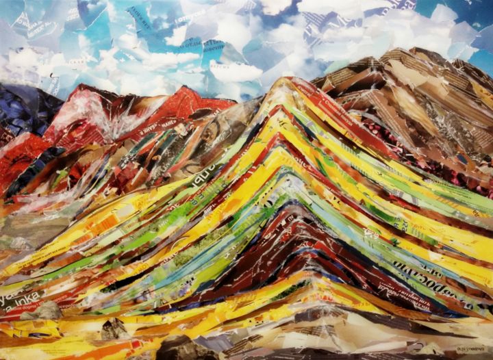 「Mountain Ausangate」というタイトルのコラージュ Olga Sennikovaによって, オリジナルのアートワーク, コラージュ ウッドパネルにマウント