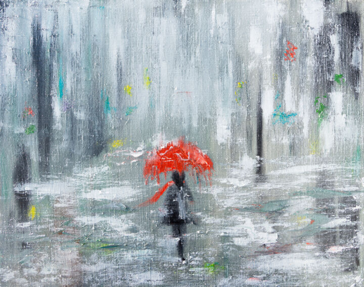 Schilderij getiteld "Red Umbrella" door Anastacia Gaikova, Origineel Kunstwerk, Olie Gemonteerd op Frame voor houten brancard