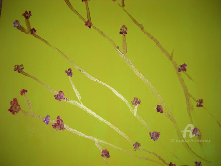 Ζωγραφική με τίτλο "Purple Orchids on G…" από Michela Curtis, Αυθεντικά έργα τέχνης, Λάδι