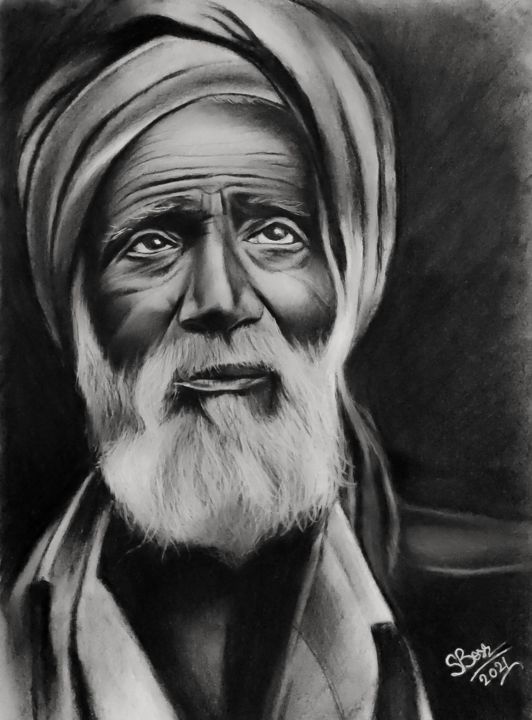 Drawing titled "Portrait of an old…" by Subhajit Bose, Original Artwork, Charcoal