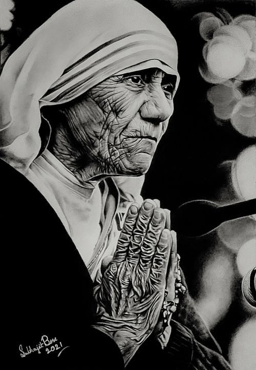 Drawing titled "Portrait of Mother…" by Subhajit Bose, Original Artwork, Charcoal
