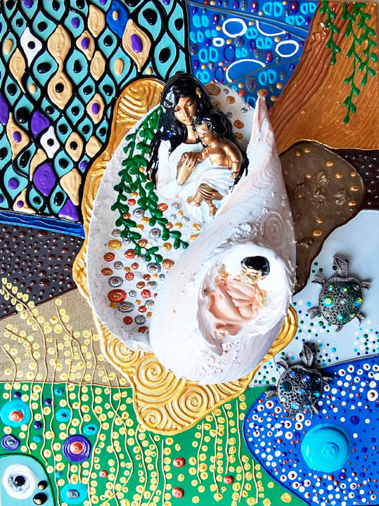 Mother and Sons sculpture painting. Ethnic Black Woman kids 雕塑, 6.2x4.7 in