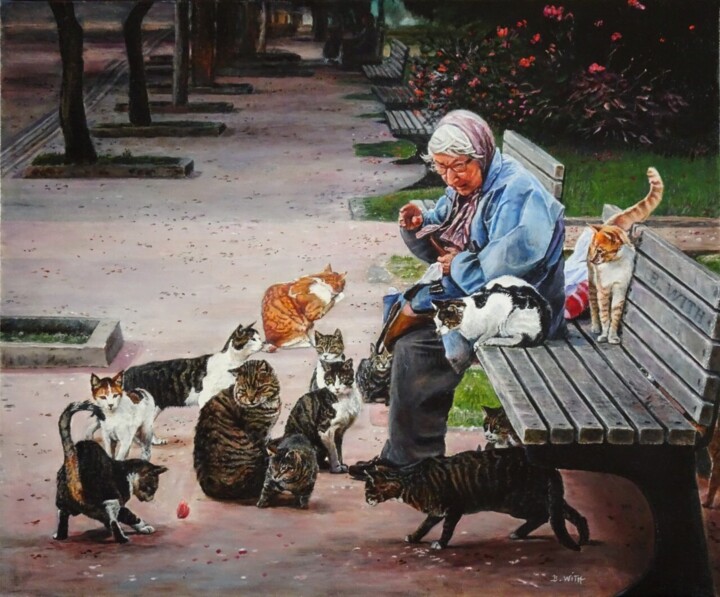 Peinture intitulée "L'AMOUR DES CHATS" par Brigitte With, Œuvre d'art originale, Huile