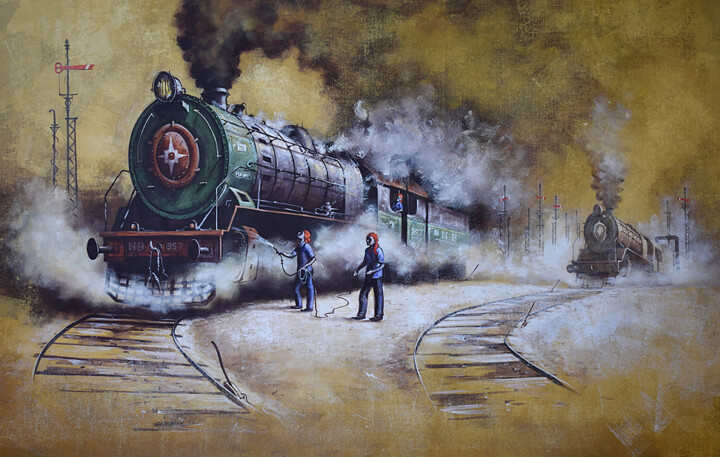 Pittura intitolato "Nostalgia of Steam…" da Kishore Pratim Biswas, Opera d'arte originale, Acrilico