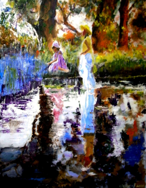 Two girls playing in the garden 绘画, 24x20 in