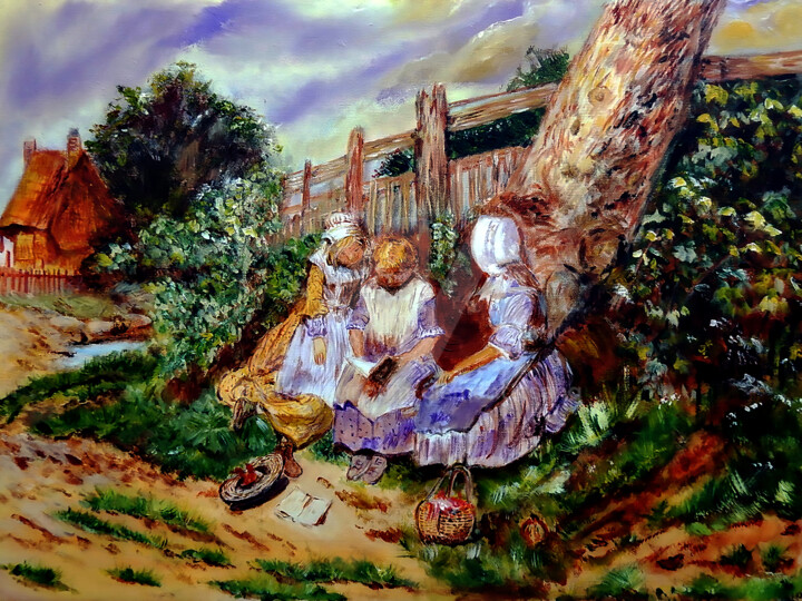 Three Girls Reading in the Garden 绘画, 16x20 in