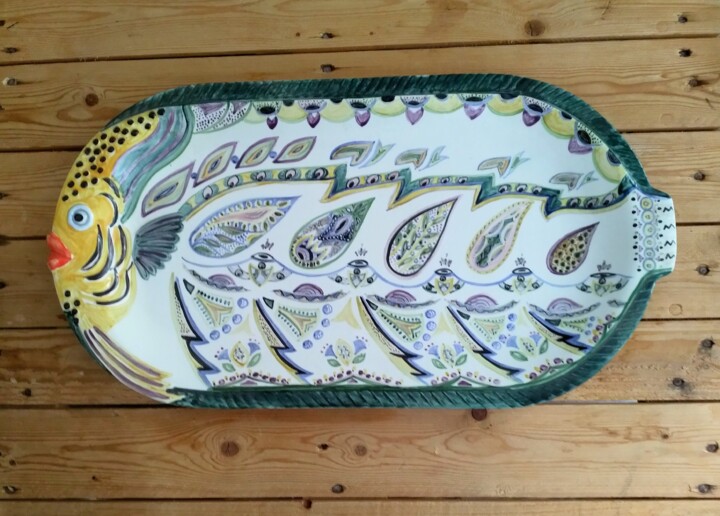 Grand poisson en faïence décorée à la main , pièce unique 雕塑, 10.6x19.9 in