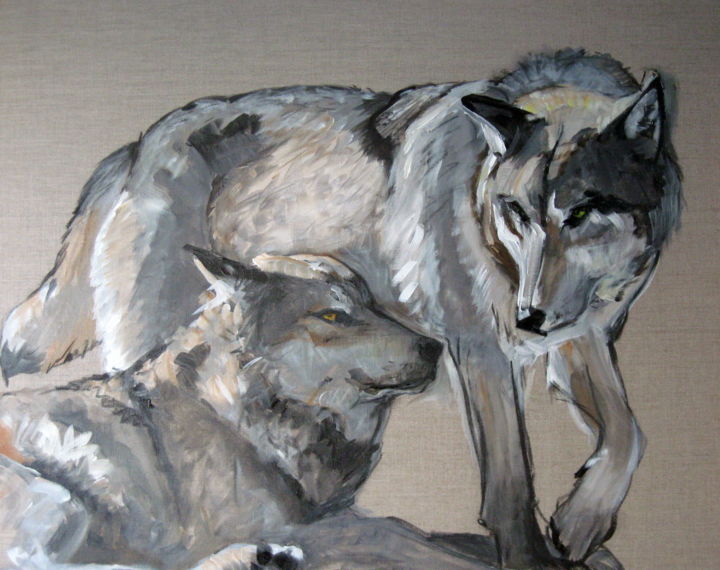 Painting titled "deux loups linen" by Em Bryant, Original Artwork, Acrylic