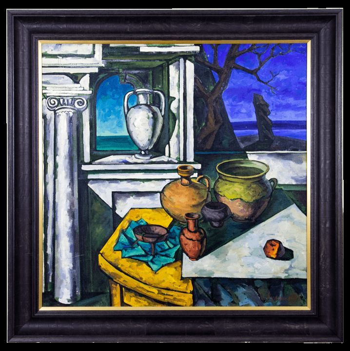 Schilderij getiteld "Next to Antiquity,…" door Mikhail Kublik, Origineel Kunstwerk, Olie Gemonteerd op Frame voor houten bra…