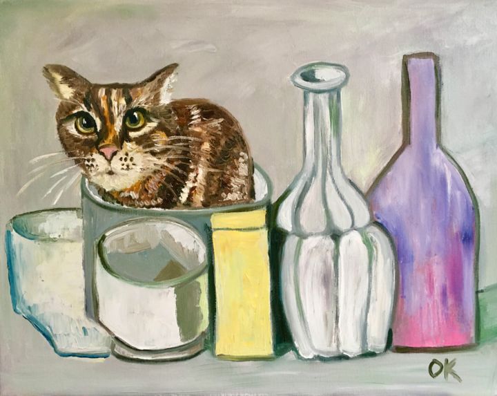 Peinture intitulée "Troy a cat into Gio…" par Olga Koval, Œuvre d'art originale, Huile Monté sur Châssis en bois