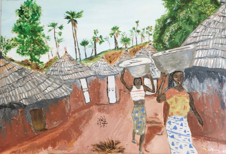 African Village 绘画, 27.6x39.4 in