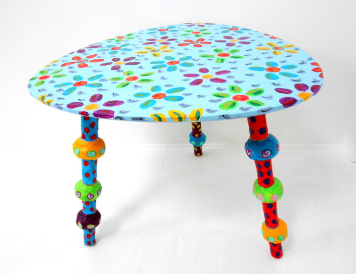 table basse vintage"fleurs"3 pieds compas et boules 设计, 18.9x22.4 in
