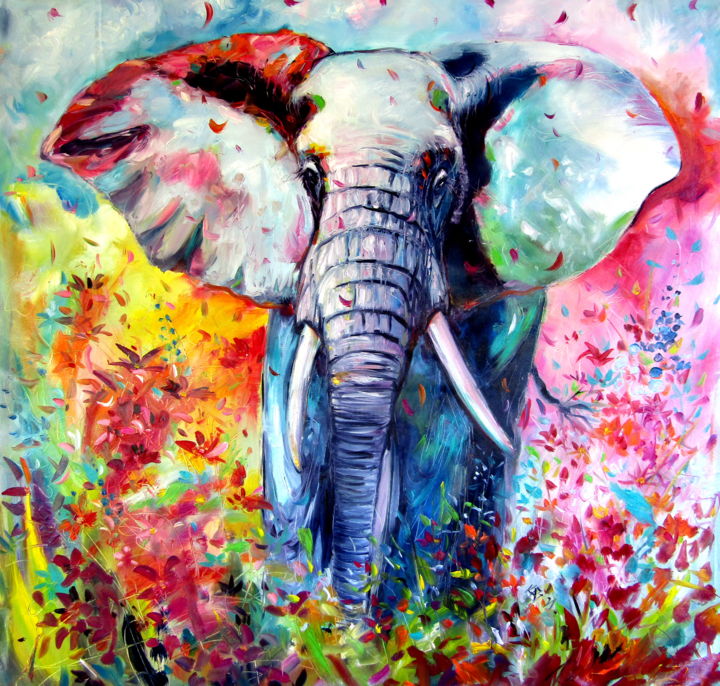 Majestic elephant with flowers 绘画, 41.3x43.3 in