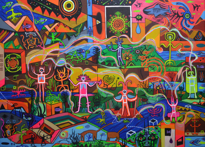 sincronía de maestros en el tejido de la realidad cósmica 绘画, 27.6x39.4 in