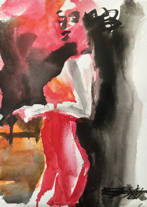 N°787 Aquarelle 29.7x21 cm. Jeune femme en robe rouge 绘画, 11.7x8.3 in