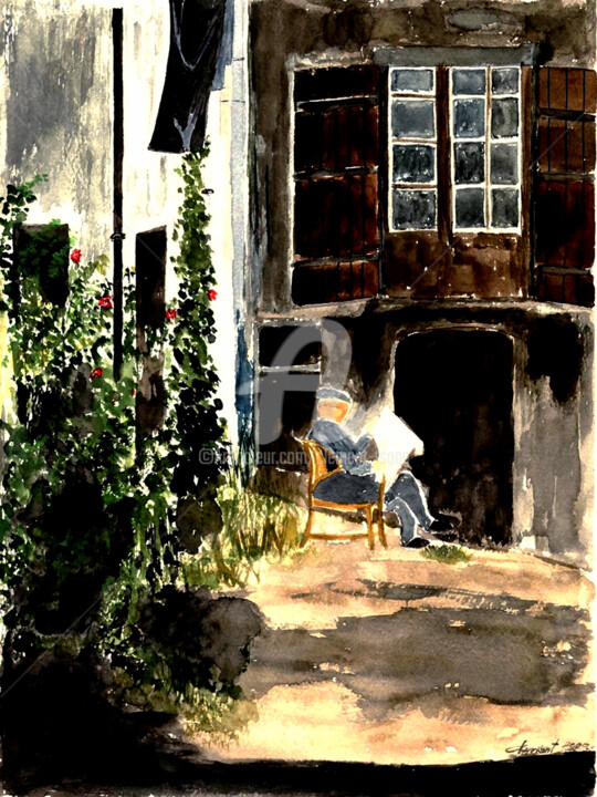 Old man reading newspaper outdoor 绘画, 16x12 in