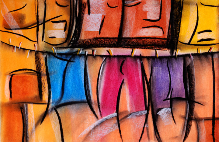 Bunte Wäsche auf der Leine 绘画, 11.8x16.5 in
