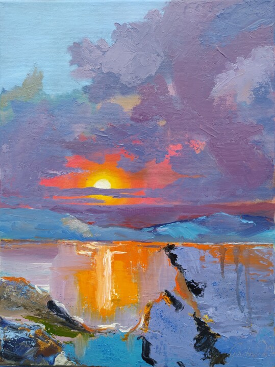 Morning red sun journey. Rote Sonnenreise am Morgen. 绘画, 15.8x11.8 in