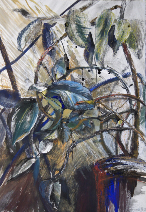 Ficus on the window 2 - original mix-media artwork Painting, 21.7x14.6 in