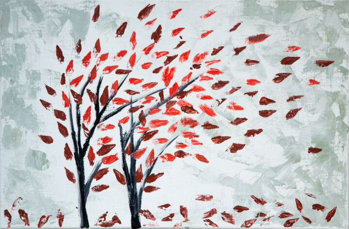 Painting titled ""Red Leaf fall"" by Anastacia Gaikova, Original Artwork, Oil