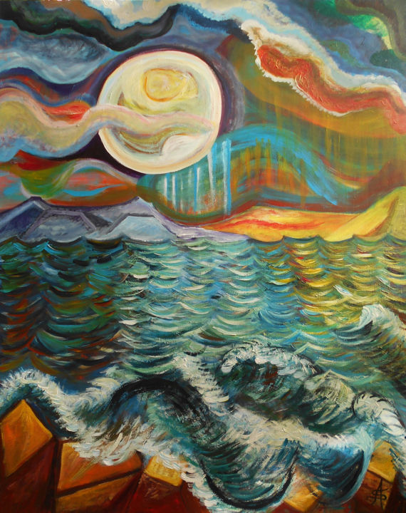 Pleine lune sur le môle 绘画, 36.2x28.7 in