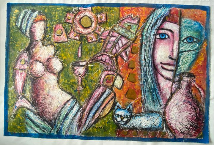 Elgato y el extra terrestre 绘画, 37.4x57.1 in