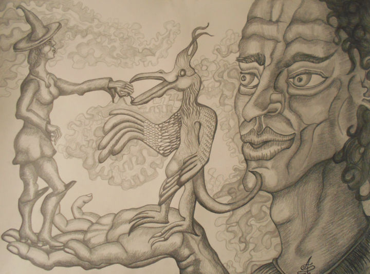 Dessin intitulée "Le Géant, l'Elfe et…" par Aurélie Sarrazin, Œuvre d'art originale, Crayon