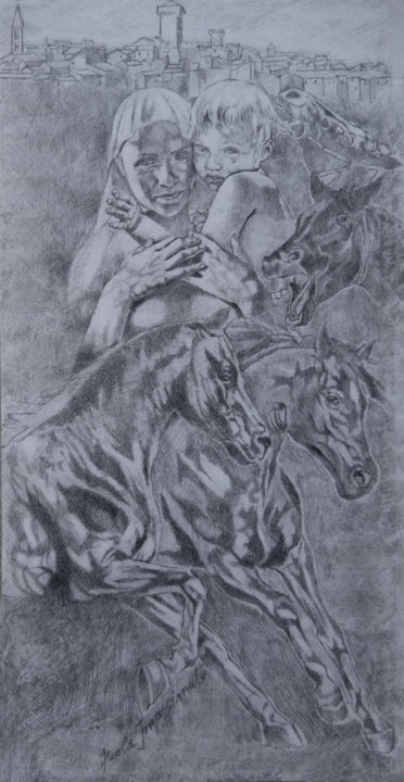 Zeichnungen mit dem Titel "HIPPOTHERAPY (3)" von Paola Imposimato, Original-Kunstwerk, Bleistift Auf Karton montiert