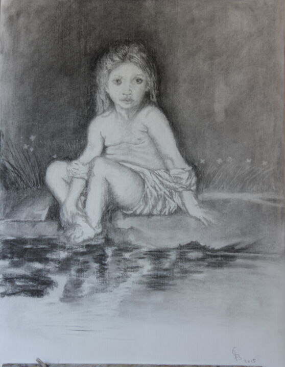 Zeichnungen mit dem Titel "Bouguereau girl" von Stan Bert Singer, Original-Kunstwerk, Kohle
