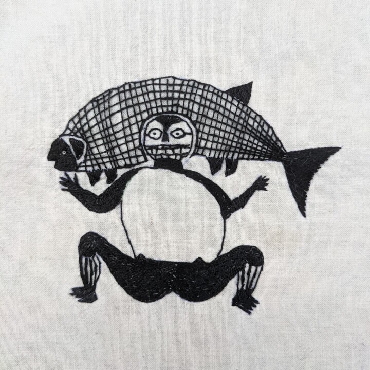 Textile Art titled "Woman carrying fish…" by Tudorita Gherase, Original Artwork, Embroidery Mounted on Wood Panel