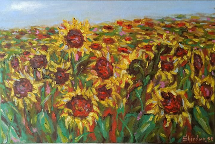 Sunflower Painting Sunflower Fields Tuscany Landscape 绘画, 15.8x23.6 in