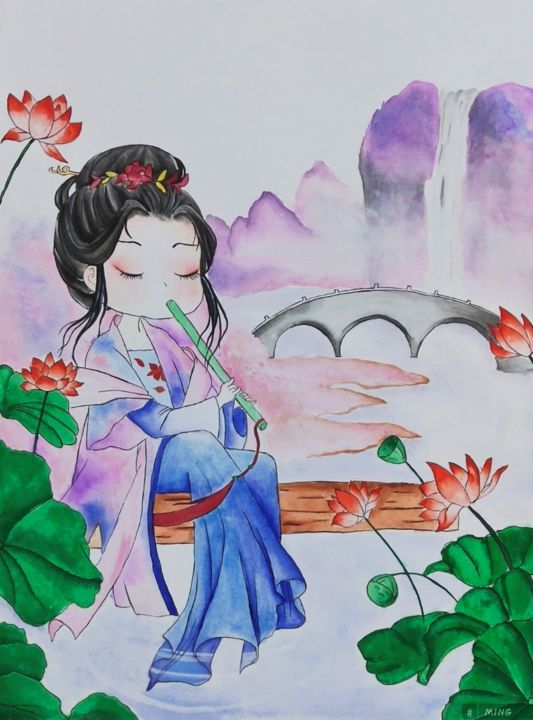 Tekening getiteld "静 和" door Mhui, Origineel Kunstwerk, Aquarel